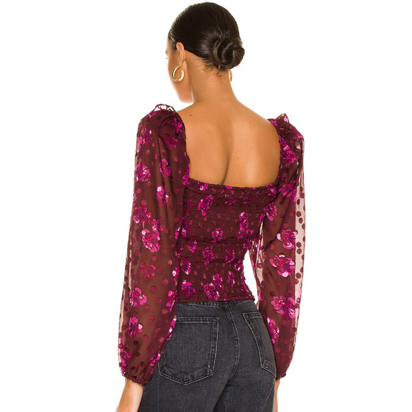 ASTR THE LABEL Perkins Fuchsia Burnout Floral Balloon Sleeve Polka Blouse Sz XS - Picture 3 of 12